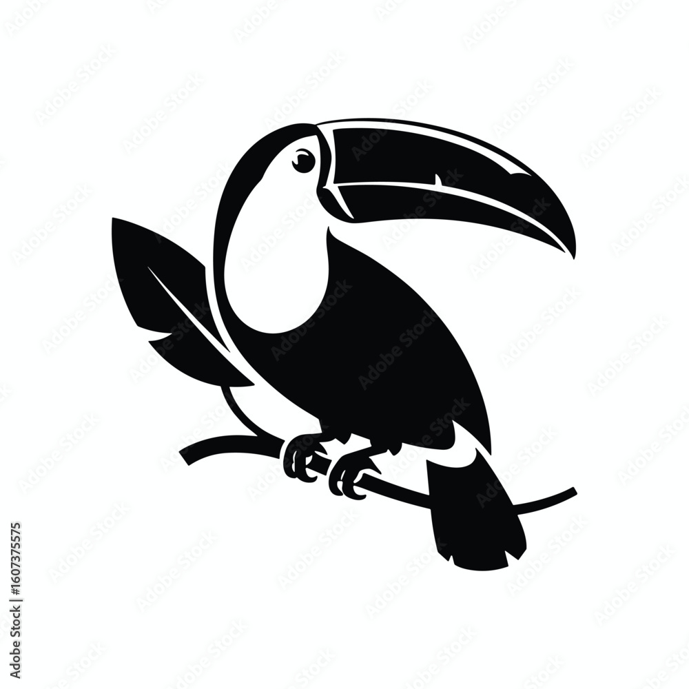 Fototapeta premium Toucan Bird Silhouette Sitting on Branch, Exotic Tropical Wildlife, Jungle Animal, Black and White Vector Illustration for Micro Stock Market and Design.