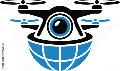 Aerial surveillance drone logo with camera over globe icon.