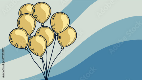 Illustration of a bunch of golden balloons floating against a wavy blue and grey background design