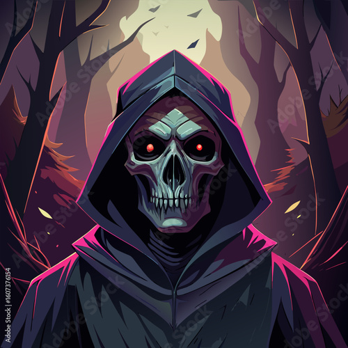 A grim reaper with glowing red eyes stands in a dark and spooky forest