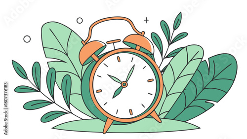 Illustration of an alarm clock surrounded by tropical leaves and decorative circles and plus sign