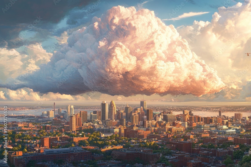 Obraz premium Vast city skyline beneath a colossal, pastel-hued cloud