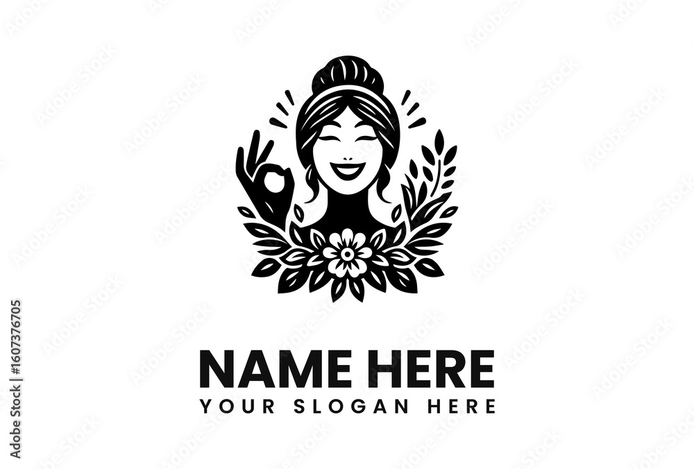 Smiling Woman Logo with Floral and Natural Elements.