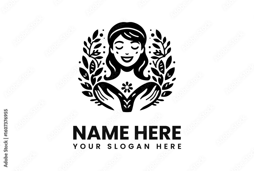 Obraz premium Smiling Woman Logo with Floral Wreath Design.
