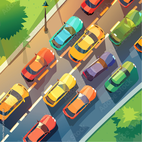 Trafic routier vu du ciel, embouteillage, route des vacances, coloré