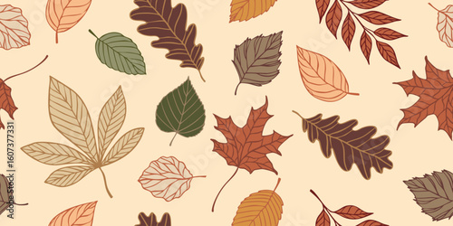 Seamless vector pattern with colorful autumn leaves on beige background in hand drawn style