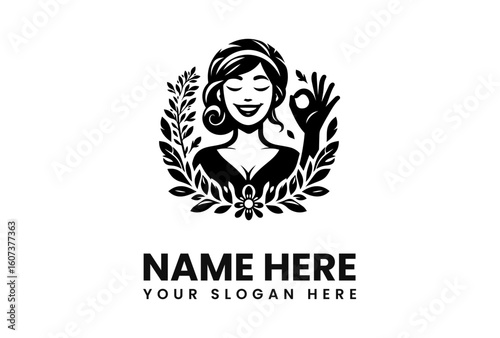 Smiling Woman with Wreath and OK Gesture in Black and White Logo.