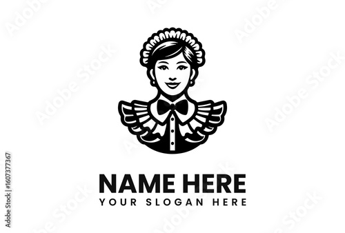 Stylized Maid Icon with Frilled Cap Bowtie and Buttoned Uniform.