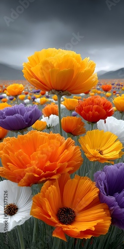 Vibrant field of colorful flowers under a dramatic sky