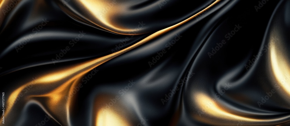 Fototapeta premium Luxurious, flowing black fabric with golden highlights