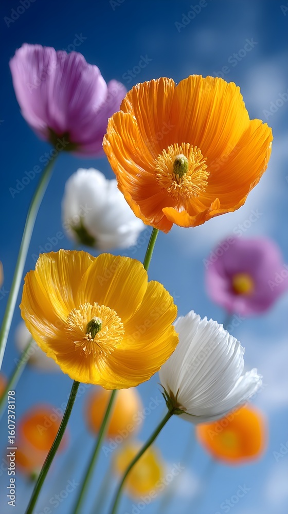 Obraz premium Vibrant flowers blooming against a clear blue sky