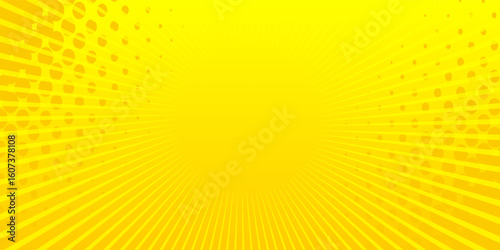 Latar belakang komik kuning dengan sinar matahari dan titik halftone.modern