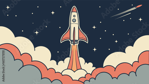 Rocket launch illustration for space exploration and startup business with stars and clouds in the sky