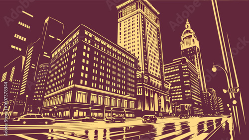 Cityscape illustration of urban architecture with vintage cars and street lights at night time