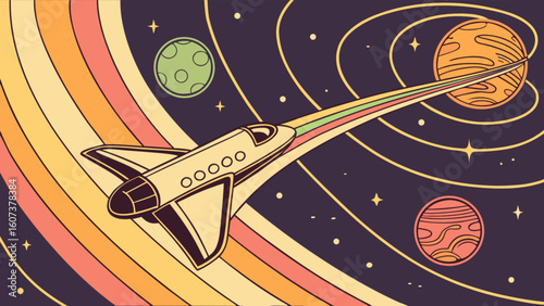 Retro space travel illustration with rocket ship planets and stars for cosmic adventure design fun vector