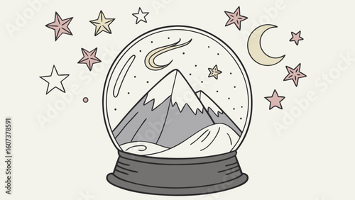 Snow globe mountain scene vector art illustration winter holiday christmas decoration magical dreamy design
