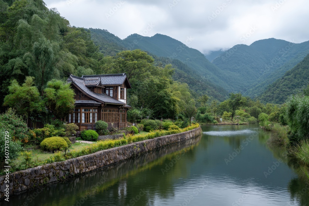 Fototapeta premium Tranquil waterside residence nestled amidst lush green mountains and verdant forested slopes