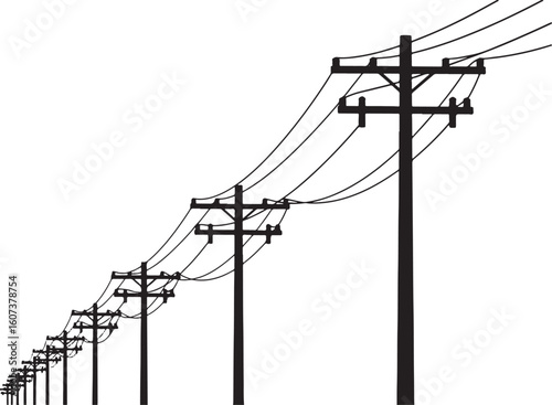 Black silhouette of telephone poles and wires receding into distance, telephone pole, power line, electricity, utility pole, wire, cable, infrastructure, communication, network, connection, transmissi