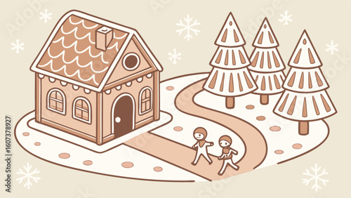 Gingerbread house christmas vector illustration with trees and kids for holiday season and winter time