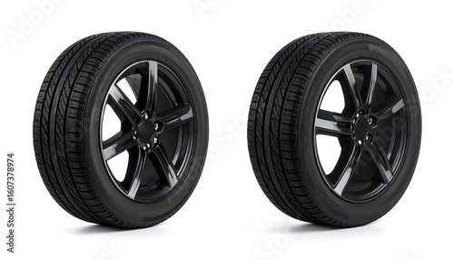 Two black car wheels on a white background