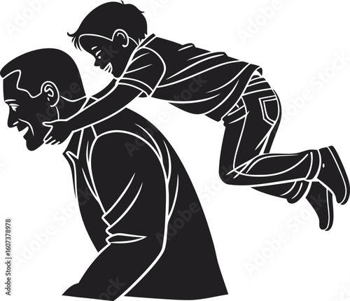 Black silhouette vector of a joyful father giving a piggyback ride to his son. Family bonding clip art icon isolated on transparent background, perfect for parenting, love, and Father's Day themes.