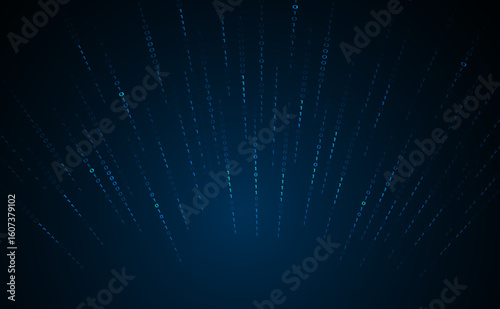 Futuristic digital background with radiant lines and glowing patterns, creating a sense of depth and motion in a high-tech environment.number system with only two symbols, 0 and 1, which are scattered