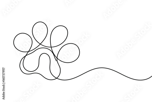 Continuous line drawing of a dog paw print isolated on white background for pet lover design