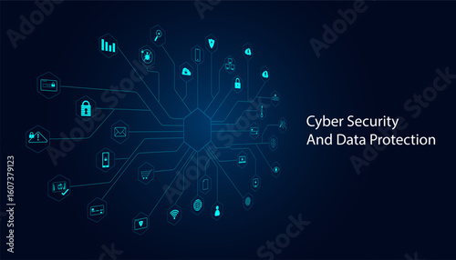 Innovative cyber security graphic showcasing data protection concepts with padlocks, shields, and network symbols.
