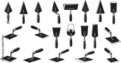 Collection of black and white trowel and plastering tool illustrations, trowel, plastering tool, construction, building, masonry, tool, equipment, diy, renovation, repair, craft, industry, manual labo