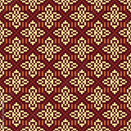 Detailed Pixelated Geometric Floral Shape Repeat Pattern Art