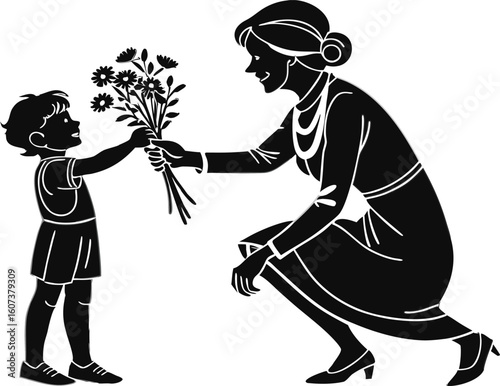Wallpaper Mural Black silhouette vector of a child giving flowers to a smiling woman. Heartwarming clip art icon isolated on transparent background, ideal for Mother's Day, love, or family themes. Torontodigital.ca