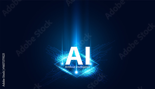 A futuristic representation of artificial intelligence, featuring a glowing AI symbol and interconnected digital circuits, illustrating modern technology.