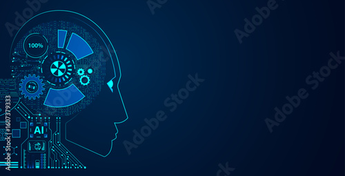 A futuristic design showcasing an artificial intelligence concept, featuring a digital head silhouette with intricate gear and circuit patterns.
