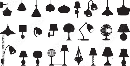 Collection of black lamp silhouettes on white background, lamp, lighting, silhouette, collection, set, interior, design, home, decor, light, fixture, chandelier, pendant, wall, desk, floor, table, mod