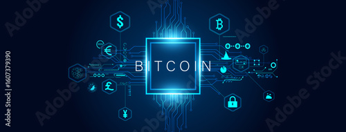 A futuristic representation of Bitcoin technology, showcasing digital currency symbols and security features in a sleek blue design.