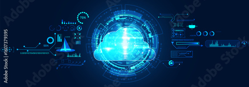 Futuristic digital cloud technology interface with glowing elements, representing data transfer and modern computing solutions in a blue-themed design.