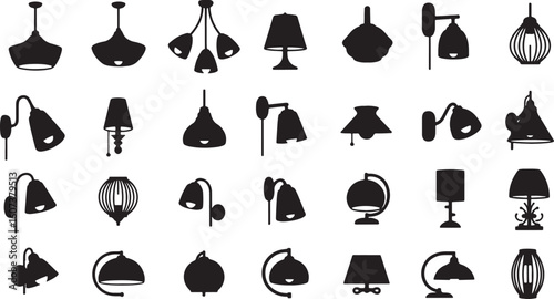 Collection of black silhouette lighting fixtures and lamps, lamp, lighting, light, fixture, ceiling light, pendant light, wall lamp, table lamp, chandelier, sconce, silhouette, black and white, interi