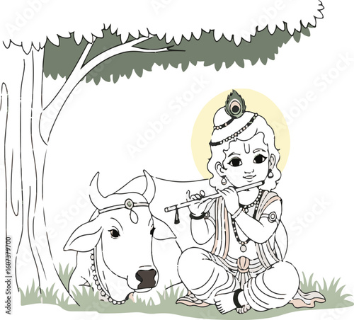 Little Krishna Playing Flute with Cow Under Tree | Traditional Hindu God Cartoon Illustration for Children's Books, Religious Education, and Cultural Events
