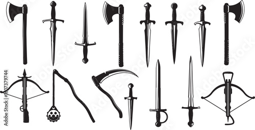 Collection of medieval weapons and armaments in black silhouette, axe, sword, dagger, scythe, mace, flail, crossbow, medieval, weapon, armament, combat, battle, warrior, knight, history, ancient, vint