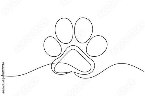 Continuous line drawing of a dog paw print isolated on white background for pet lover design