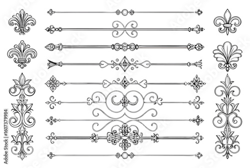 Ornate Vintage Decorative Design Set: Classic Fleur-de-lis, Dividers & Flourishes

