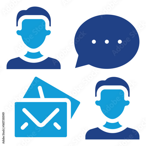 Team Messaging Glyph Blue Silhouette Vector Design - Two user avatars, speech bubble, and an envelope with a check mark—indicating internal communication or approved message