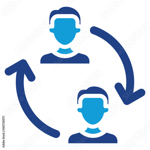 User Exchange Glyph Blue Silhouette Vector Design - Two user avatars connected by rotating arrows, representing data or role exchange between users