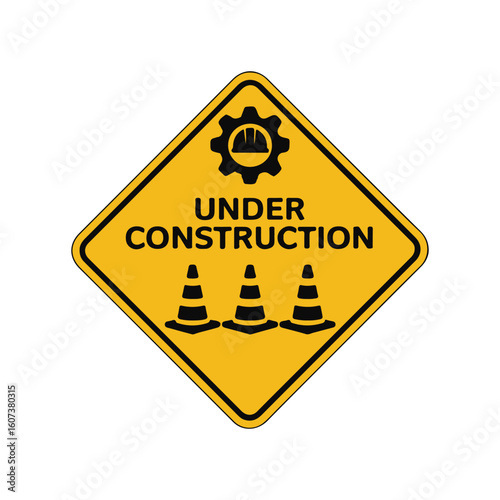 Yellow under construction sign featuring hard hat and traffic cones on white background