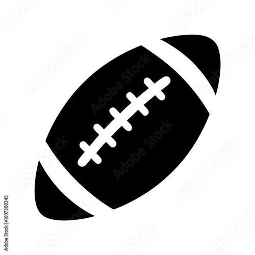 Stylized black and white image of an American football with white laces