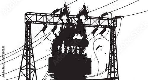 Electrical transformer on fire with power lines and towers, electricity, power, fire, burning, transformer, substation, electrical, energy, hazard, danger, disaster, overload, failure, outage, blackou