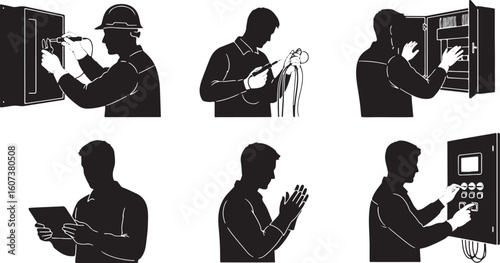 Electrician working with electrical panel and equipment, electrician, electrical, work, worker, panel, equipment, hard hat, safety, tools, testing, wiring, circuit breaker, control panel, technology, 