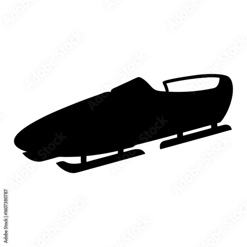 Bold black silhouette of a bobsled on its runners against white background