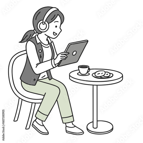 Woman Sitting at Café Table Using Laptop – Work Remote or Study App Concept