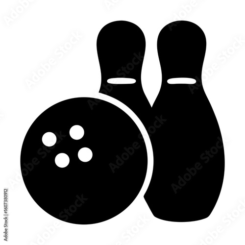Black and white image of bowling pins and a bowling ball artwork